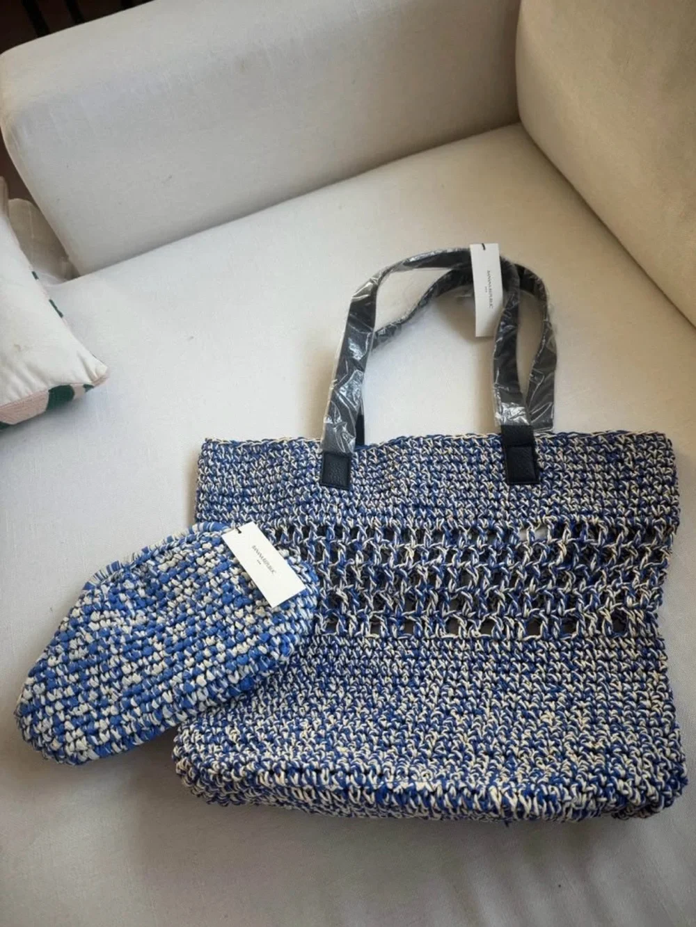 Banana Republic Blue and White Woven Tote with Matching Pouch
